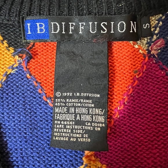 I.B. DIFFUSION Vintage Sweater Sz S Argyle Colourful Gold Thread Bright 90s - Picture 4 of 4